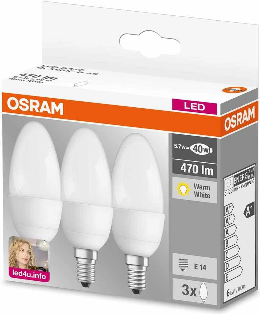 Osram Classic B, 5.7W, E14, 470lm, 3 vnt.