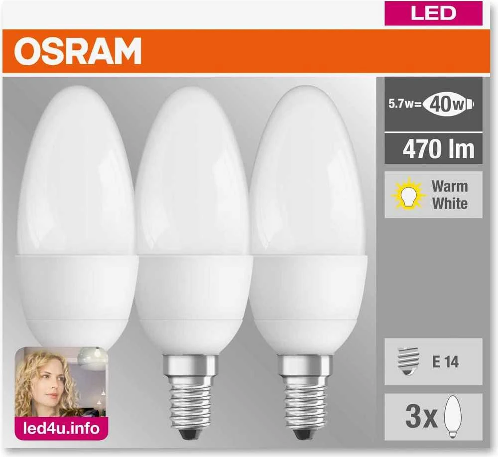 Osram Classic B, 5.7W, E14, 470lm, 3 vnt.