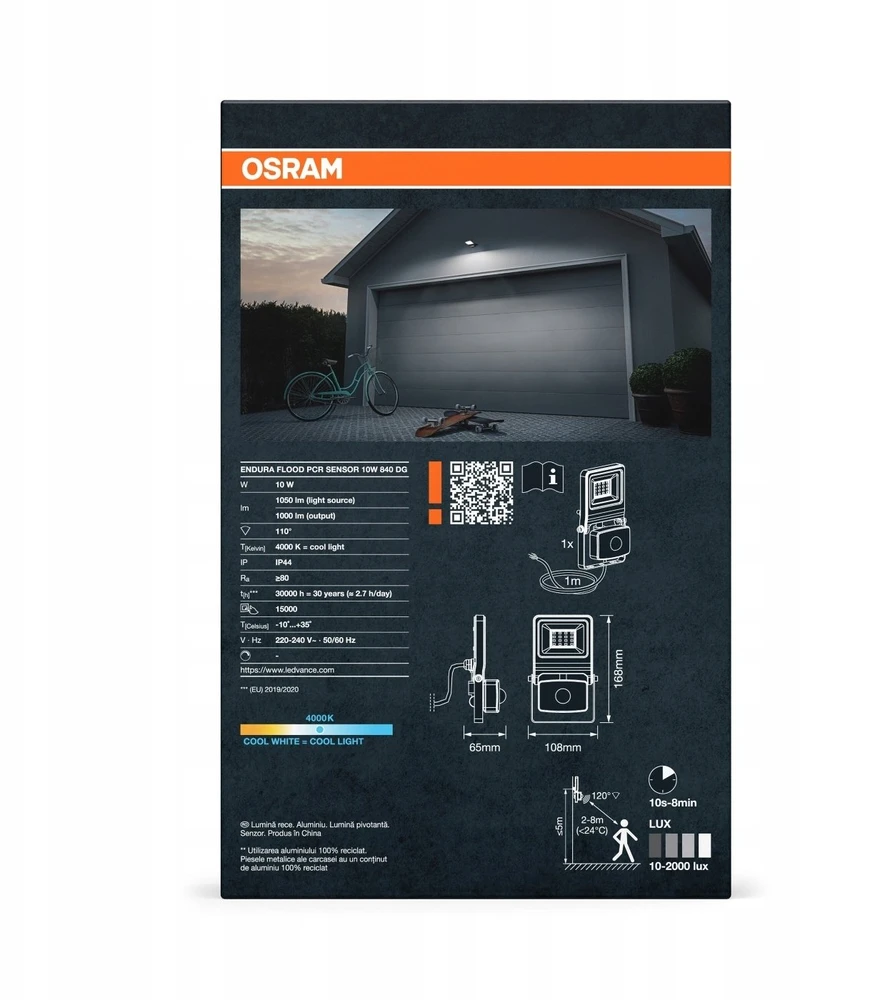 Osram 10W LED prožektorius ENDURA, tamsiai pilkas, 4000K, su judesio davikliu, IP44