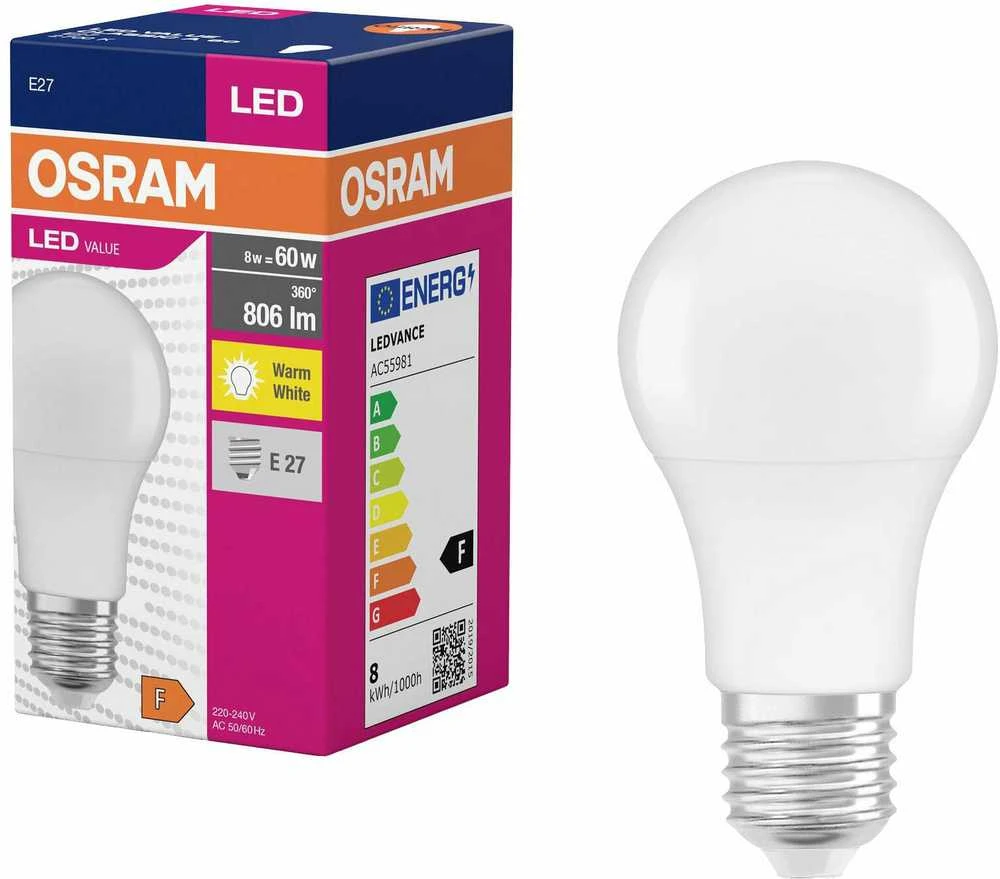 LED lemputė OSRAM, A60, šiltai balta, E27, 8,5 W, 806 lm