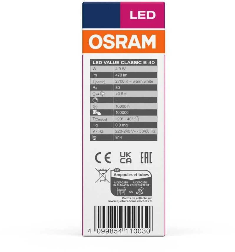 LED lemputė OSRAM, B11, šiltai balta, E14, 5,7 W, 470 lm