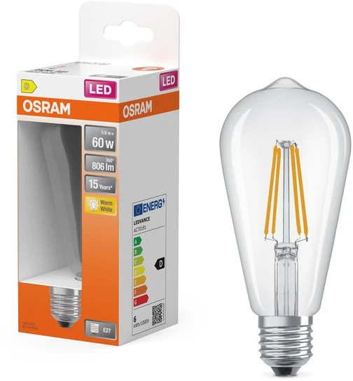 Osram 5,9W LED lemputė RETROFIT CLASSIC ST, E27, ST64, skaidri, 300°, 2700K