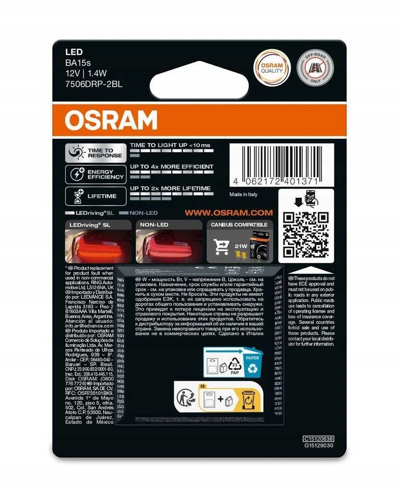 Osram LED Pære Rød P21W - 2 stk.