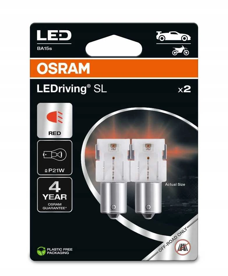 Osram LEDriving SL P21W raudonos lemputės pakuotė