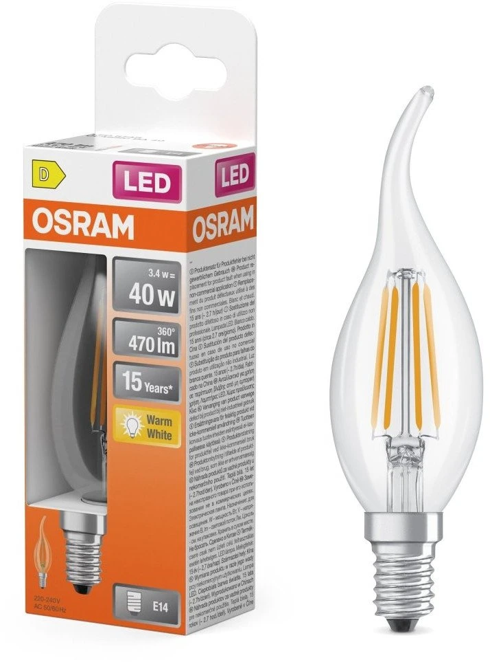 LED lempa Osram Filamentinė, BA35, 4W, E14, 2700K, 470lm