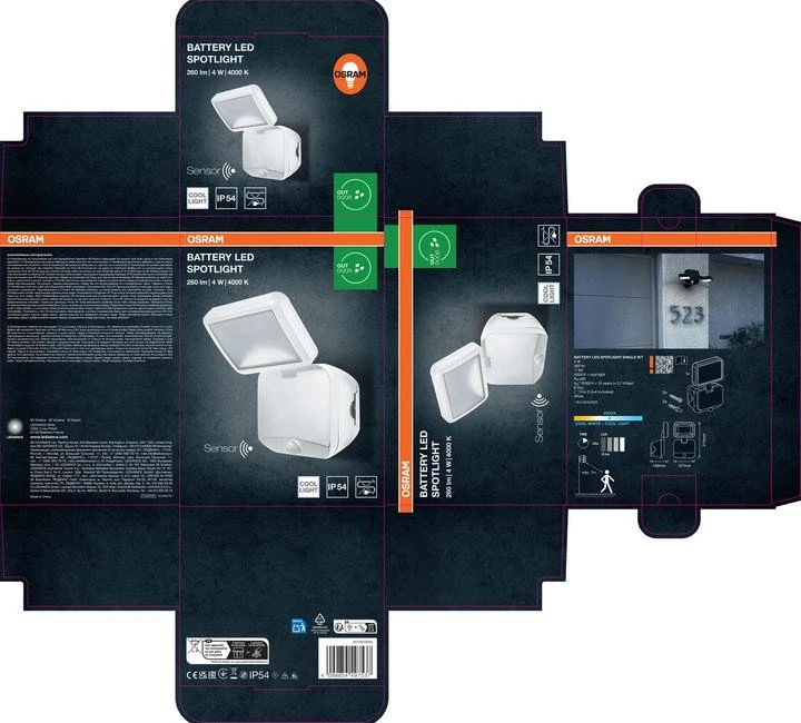 Sieninis šviestuvas Osram 4W LED sieninis lauko šviestuvas, baltas, 4000K, su baterija ir judesio davikliu, IP54