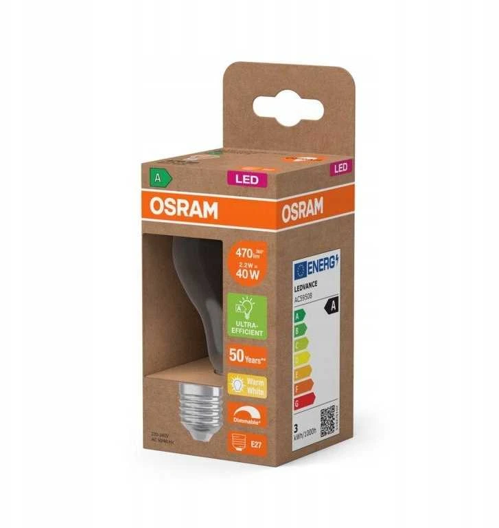 Osram OSRAM LED standartinė gijų lemputė 470lm 2.2W/827 (40W) E27, A energijos klasė, reguliuojamo ryškumo