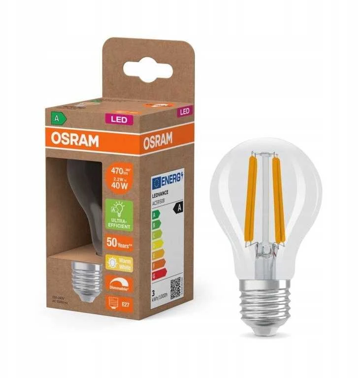 Osram OSRAM LED standartinė gijų lemputė 470lm 2.2W/827 (40W) E27, A energijos klasė, reguliuojamo ryškumo