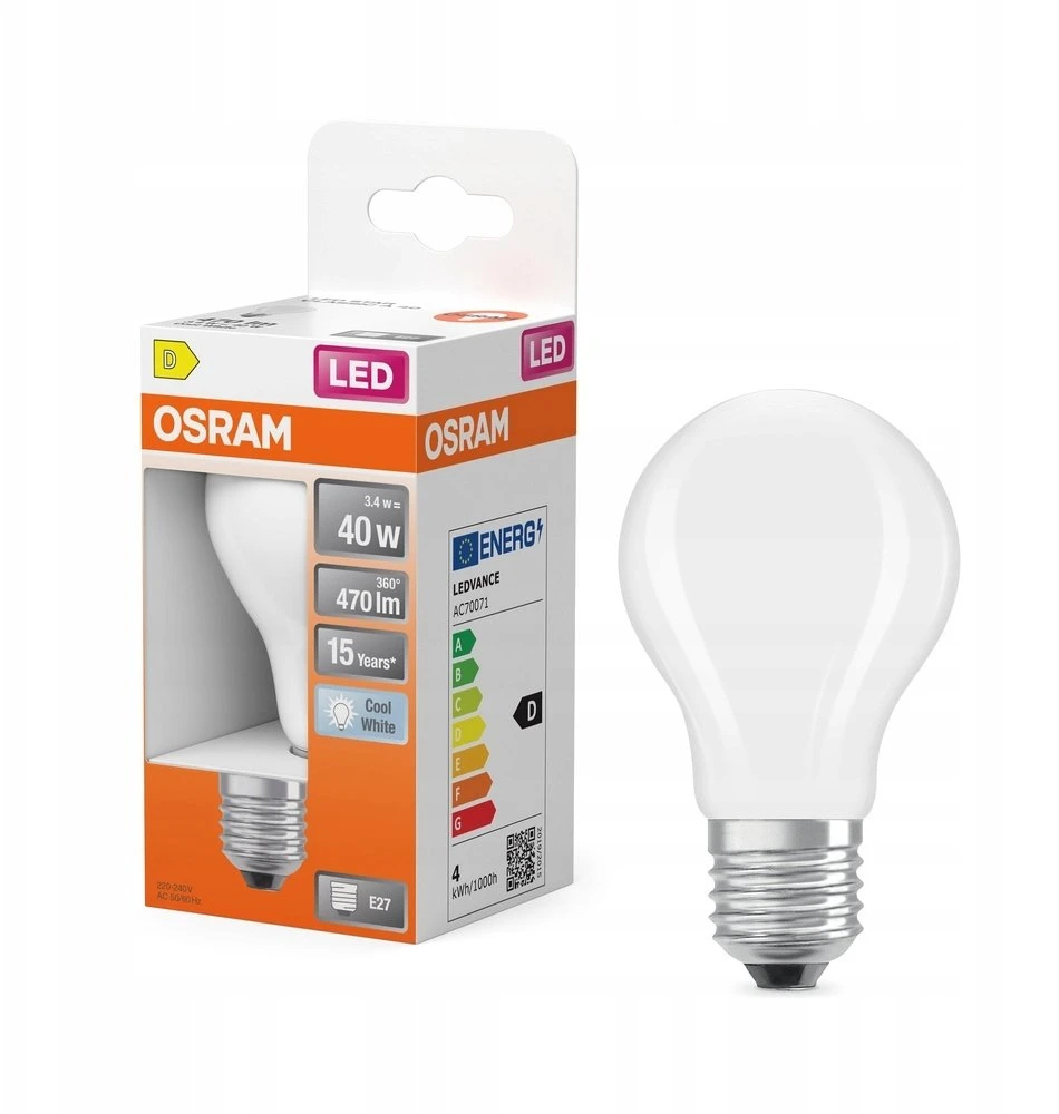 Osram LEDSCL A60 3.4W E27 4000K 470LM matinis