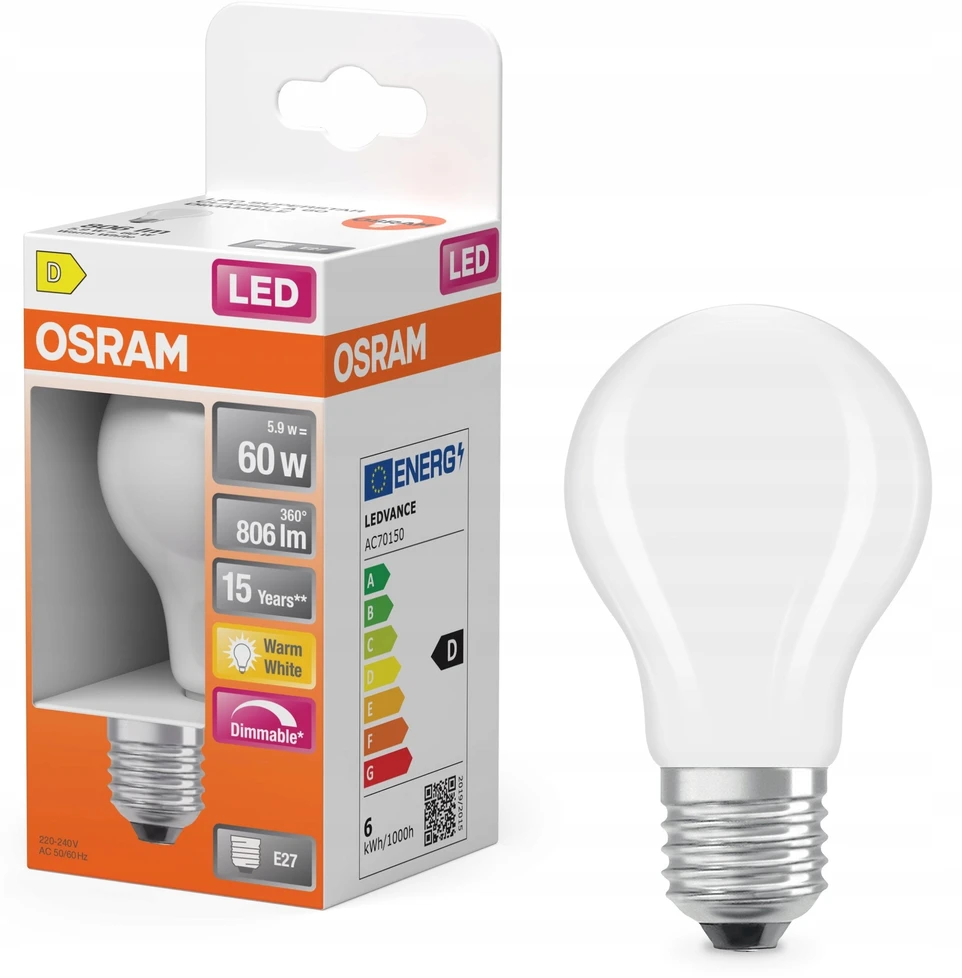 Lemputė Osram LED, A60, E27, 5.9W, 806lm, 2700K, DIM