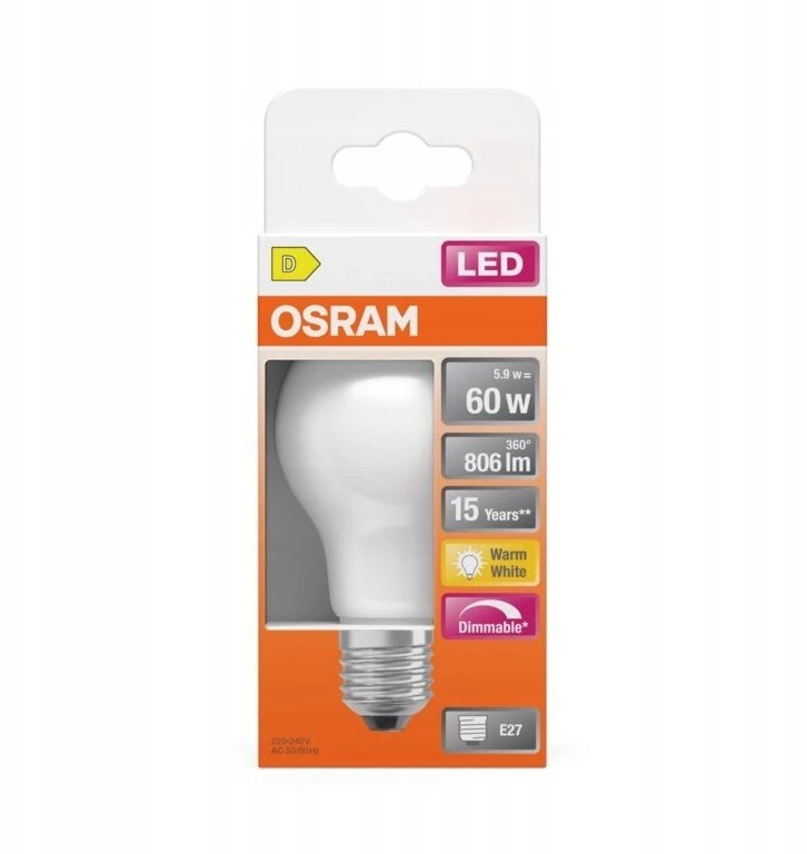 Lemputė Osram LED, A60, E27, 5.9W, 806lm, 2700K, DIM