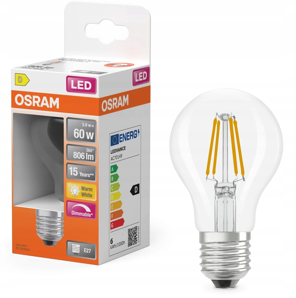 Osram LEMP LED FIL A60 5.9W E27 827 806LMDIM
