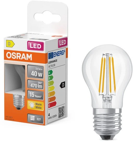 Osram 3,4W LED lemputė RETROFIT CLASSIC P, E27, skaidri, 300°, 2700K