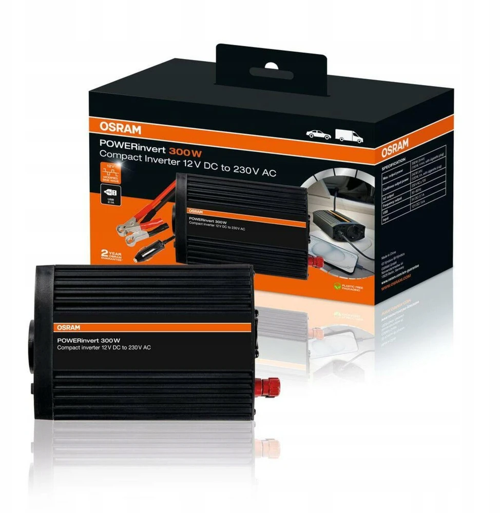 Osram keitiklis OEINVU300, naudingoji galia: 300 W, įėjimo įtampa: 12 V, išėjimo įtampa: 230 V USB - 121x197x53 mm