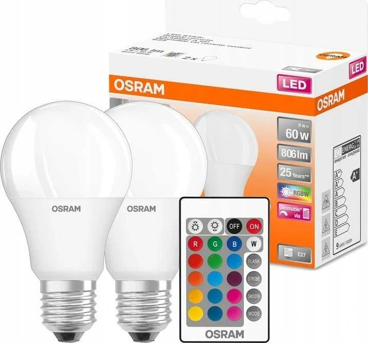 LED lemputės OSRAM, A60, E27, 9 W, 806 lm, RGBW, 2 vnt.
