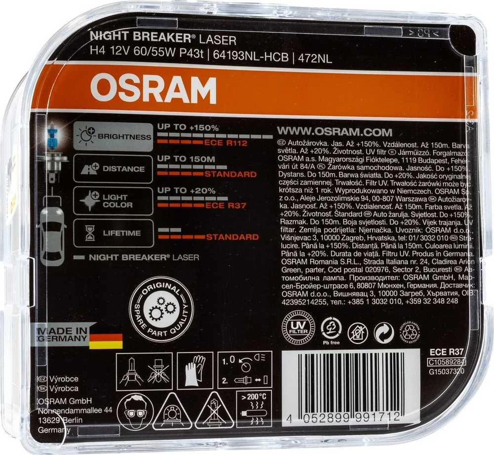 Osram lemputės Night Breaker lazerinis,+150%, H4, 60/55W, DUO O64193NL