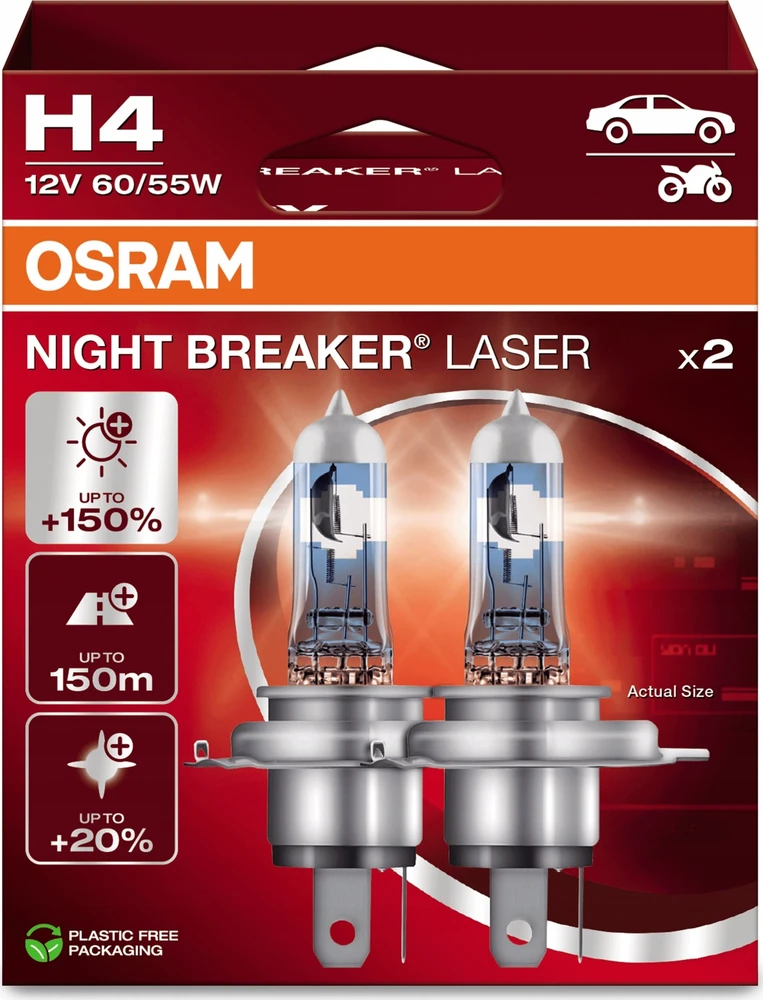 OSRAM Automobilinės lemputės NIGHT BREAKER LASER +150% H4 60/55W 12V P43T 2vnt