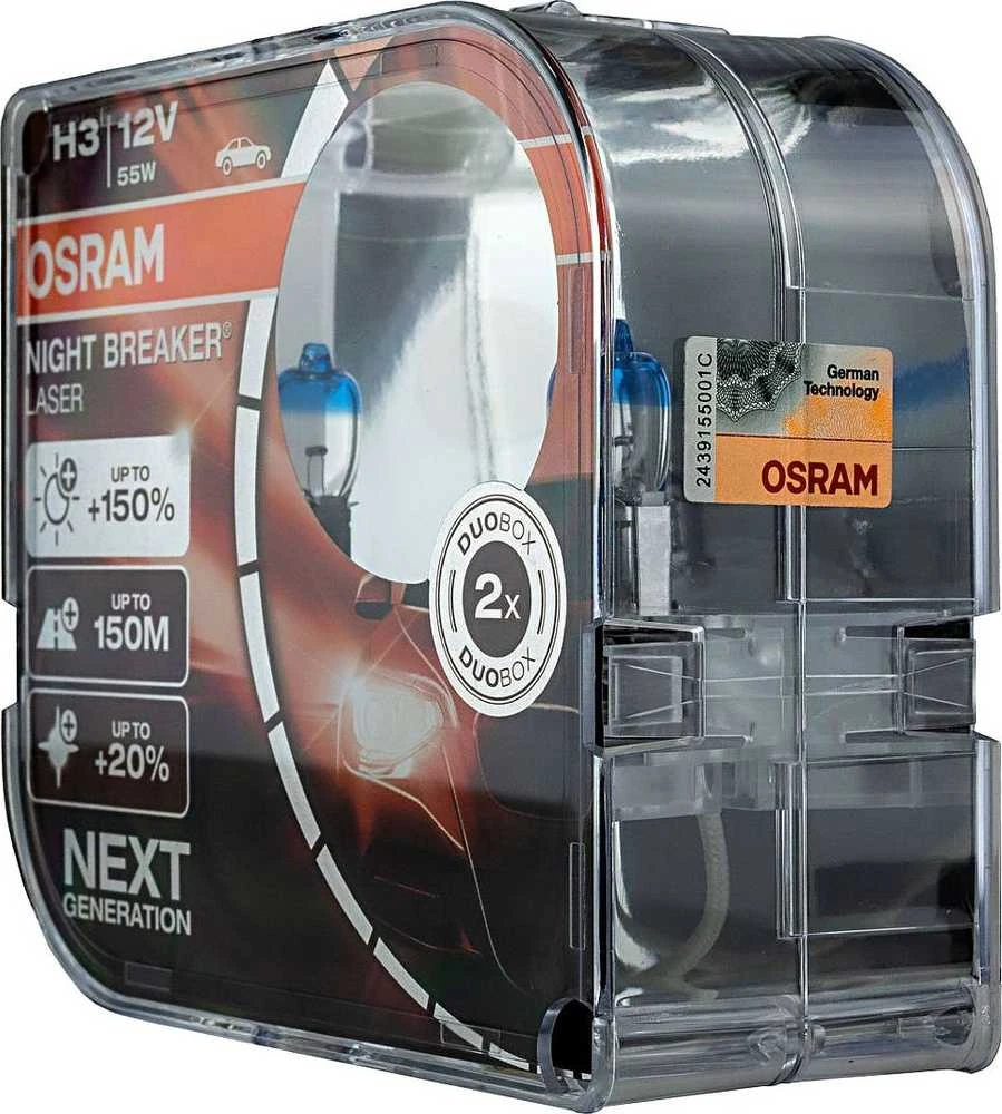 Osram lemputės Night Breaker lazerinis,+150%, H3, 55W,2 vnt, DUO 64151