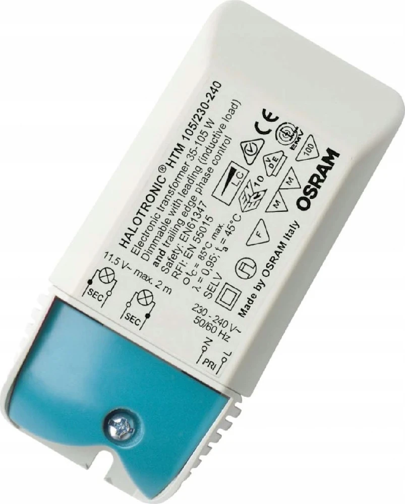 Osram HTM 105/230…240, Elektroninis apšvietimo transformatorius, Mėlyna, Balta, 230–240 V, 11,4 V, 50–60 Hz, 10,8 cm