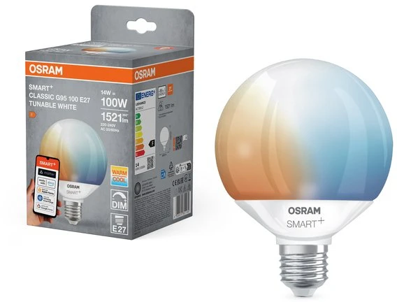 Osram SMART+ MATTER Globe 95 100 827 865 TW | E27 | 14 W | Tunable Baltas | Wi-Fi