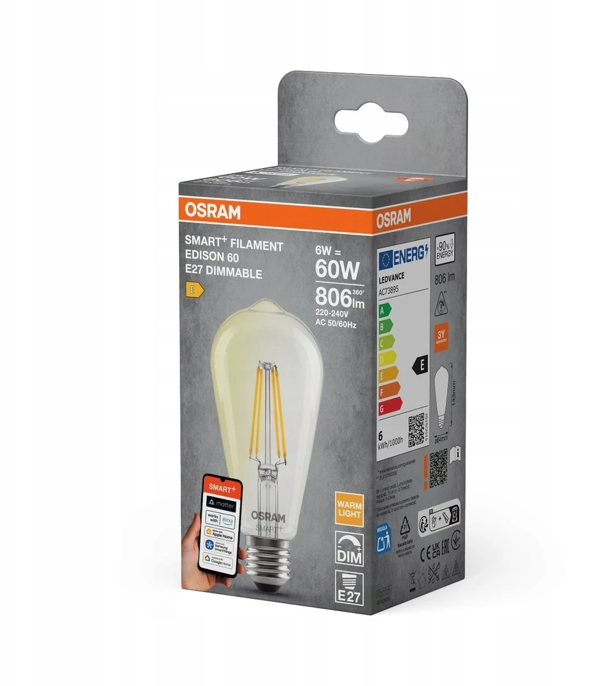 Osram SMART+ MATTER Dimmable Classic Edison 60 827 E27 | E27 | 6 W | Warm Baltas | Wi-Fi