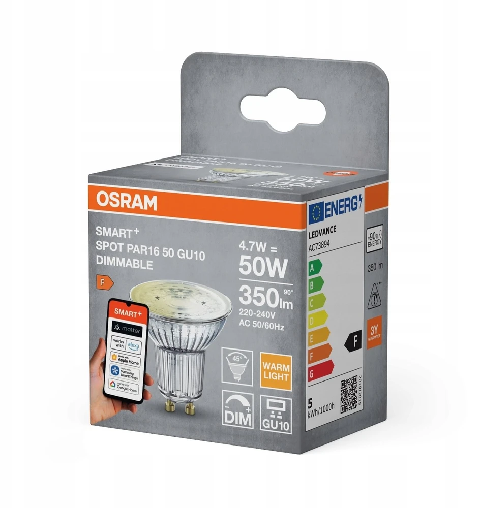 Osram SMART+ MATTER Dimmable Spot PAR16 50 45° Single Pack | GU10 | 4.7 W | Warm Baltas | Wi-Fi