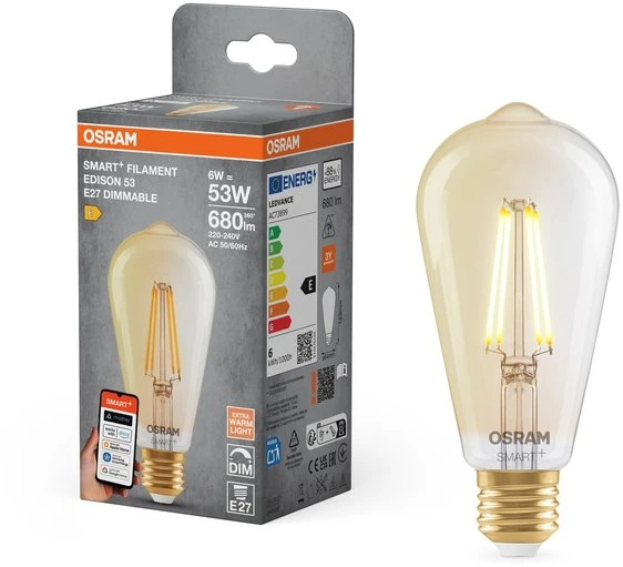 Osram SMART+ MATTER Filament Dimmable Classic Edison 53 824 Gold | E27 | 6 W | Warm Baltas | Wi-Fi