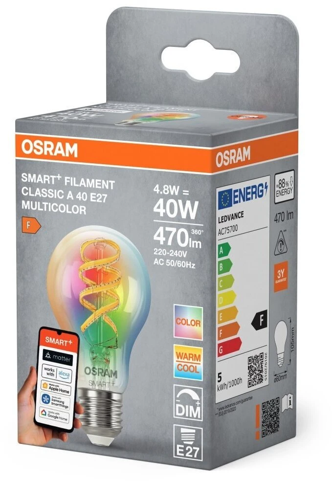 Osram SMART+ MATTER Filament Multicolor Classic A40 | E27 | 4.8 W | RGBW | Wi-Fi