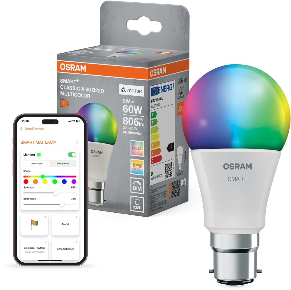 Osram SMART+ MATTER Multicolor Classic A60 Single Pack | B22d | 9 W | RGBW | Wi-Fi