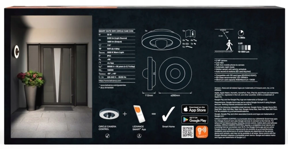 Osram 22W LED paviršinis lauko šviestuvas SMART+, tamsiai pilkas, 3000K, dimeriuojamas, su judesio davikliu ir kamera, IP44