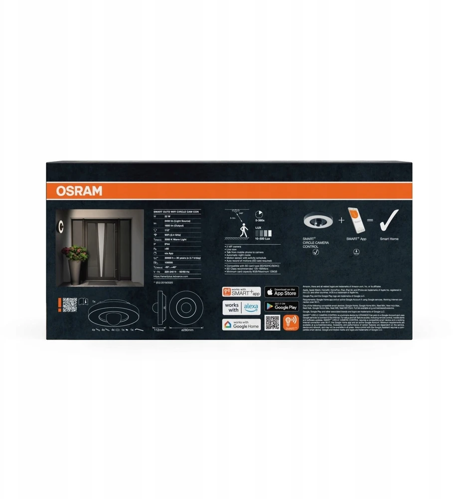 Osram 22W LED paviršinis lauko šviestuvas SMART+, tamsiai pilkas, 3000K, dimeriuojamas, su judesio davikliu ir kamera, IP44