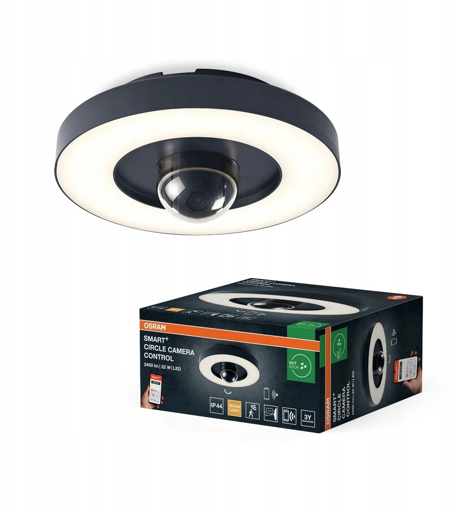 Osram 22W LED paviršinis lauko šviestuvas SMART+, tamsiai pilkas, 3000K, dimeriuojamas, su judesio davikliu ir kamera, IP44