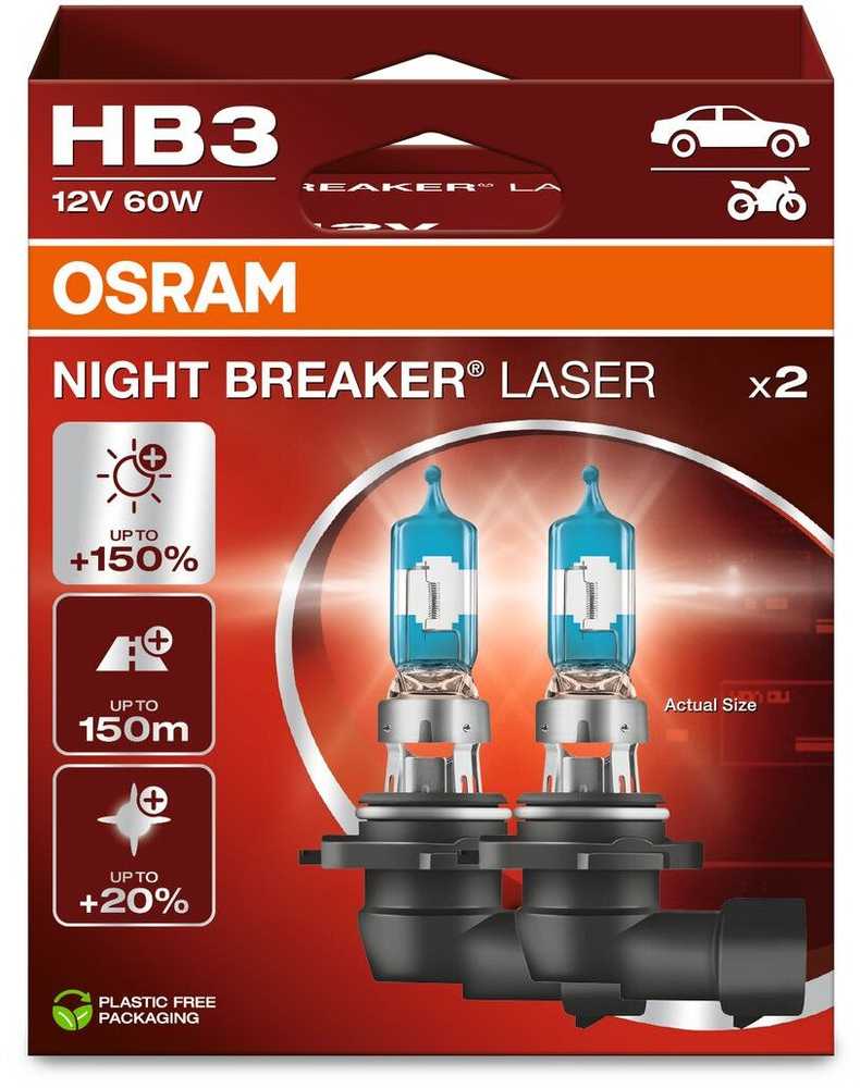 Osram Żarówka (Rinkinys 2vnt..) HB3 12V 60W P20D do 150 m. długości wiązki światła, do 150% większa jasność, do 20% bielsze światło Night Breaker lazerinis, balta
