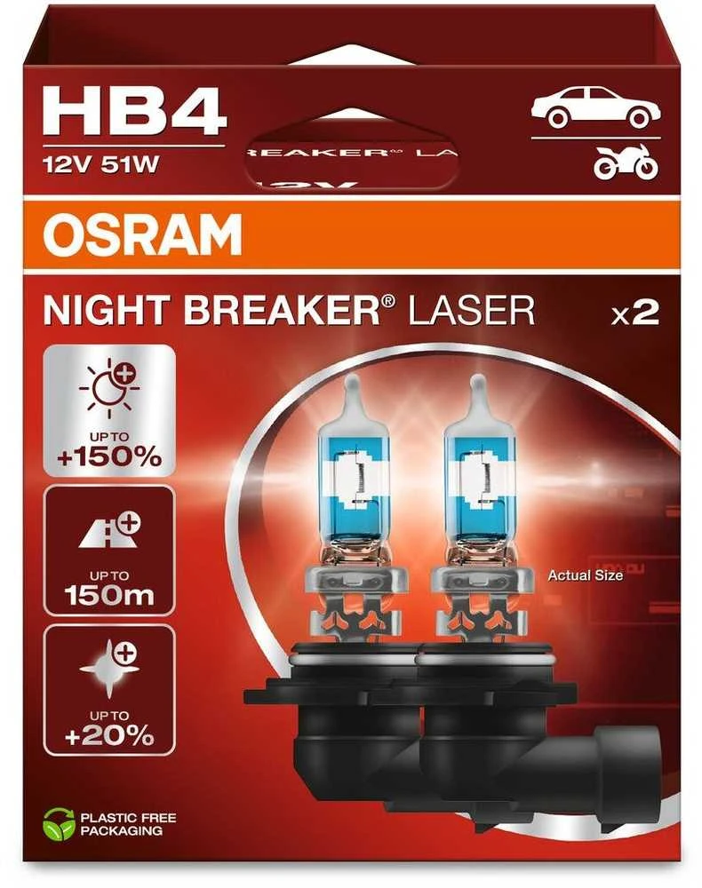 OSRAM Automobilinės lemputės NIGHT BREAKER LASER +150% HB4 51W 12V P22D (amerikietiškiems automobiliams) 2vnt