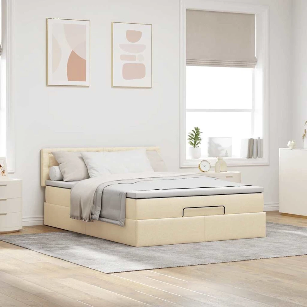 Osmanų lova su čiužiniu ir LED kreminiu 140x200 cm audiniu