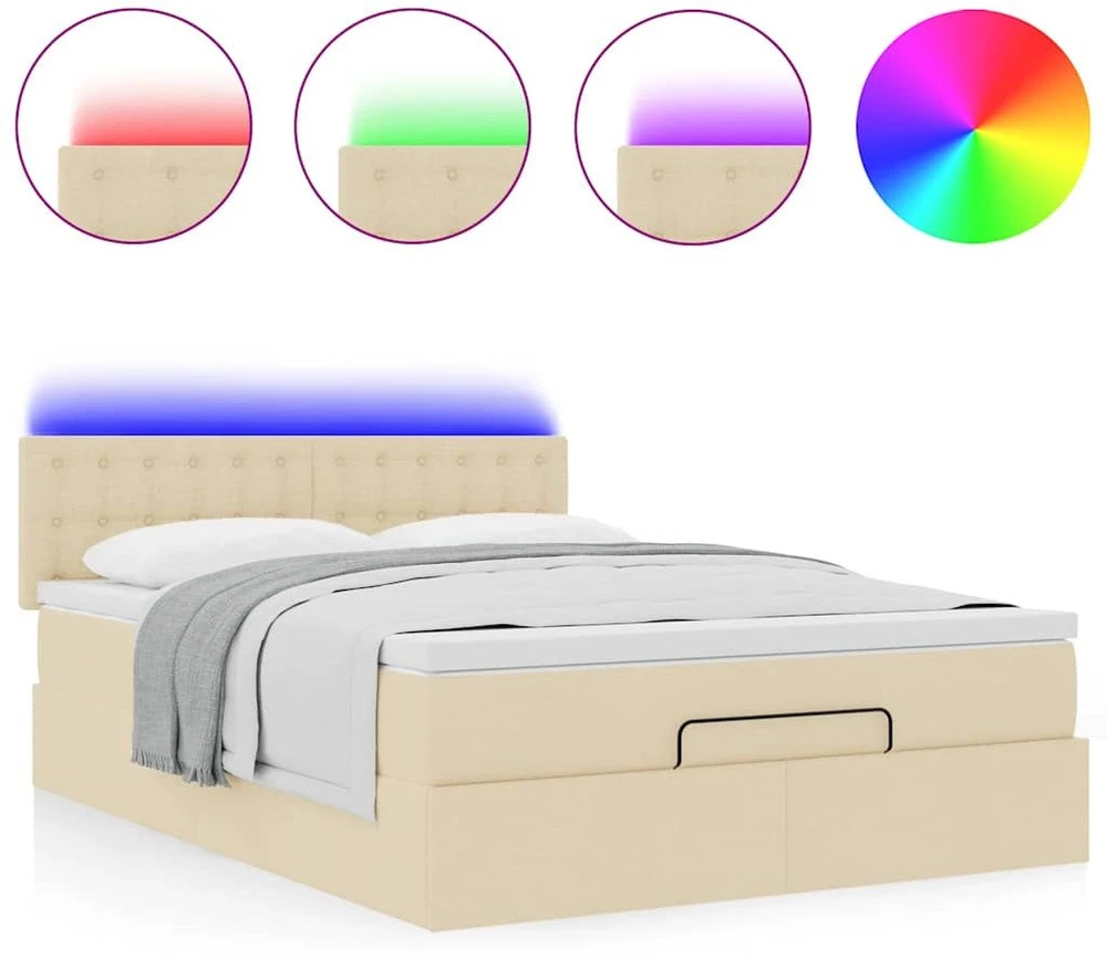 Osmanų lova su čiužiniu ir LED kreminiu 140x200 cm audiniu