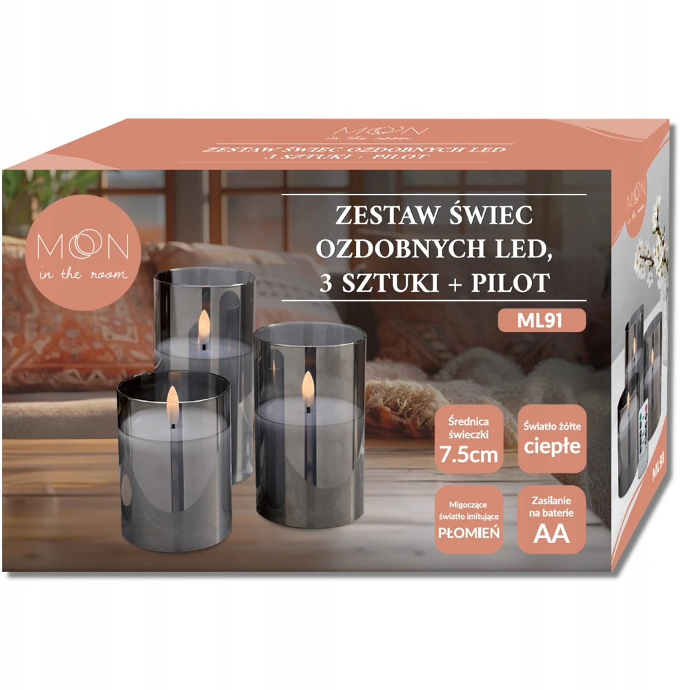 Moon in the room Lamex Dekoratyvinis LED žvakių rinkinys 3 vnt. rūkyti stiklai + pult