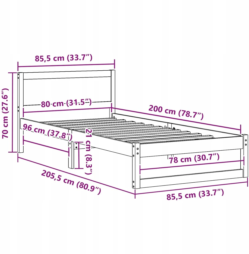 Lova Lovos rėmas Natūrali 80 x 200 cm Kietos pušies mediena