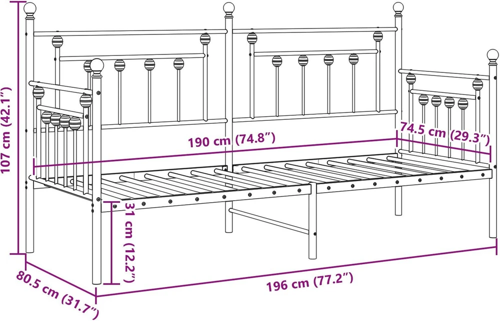 Lova Dienos lovos rėmas Balta 75 x 190 cm Plienas
