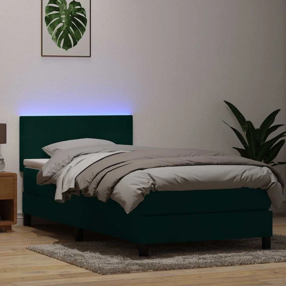 Lova su spyruokliniu/čiužiniu/LED, tamsiai žalia, 80x220 cm, aksominė