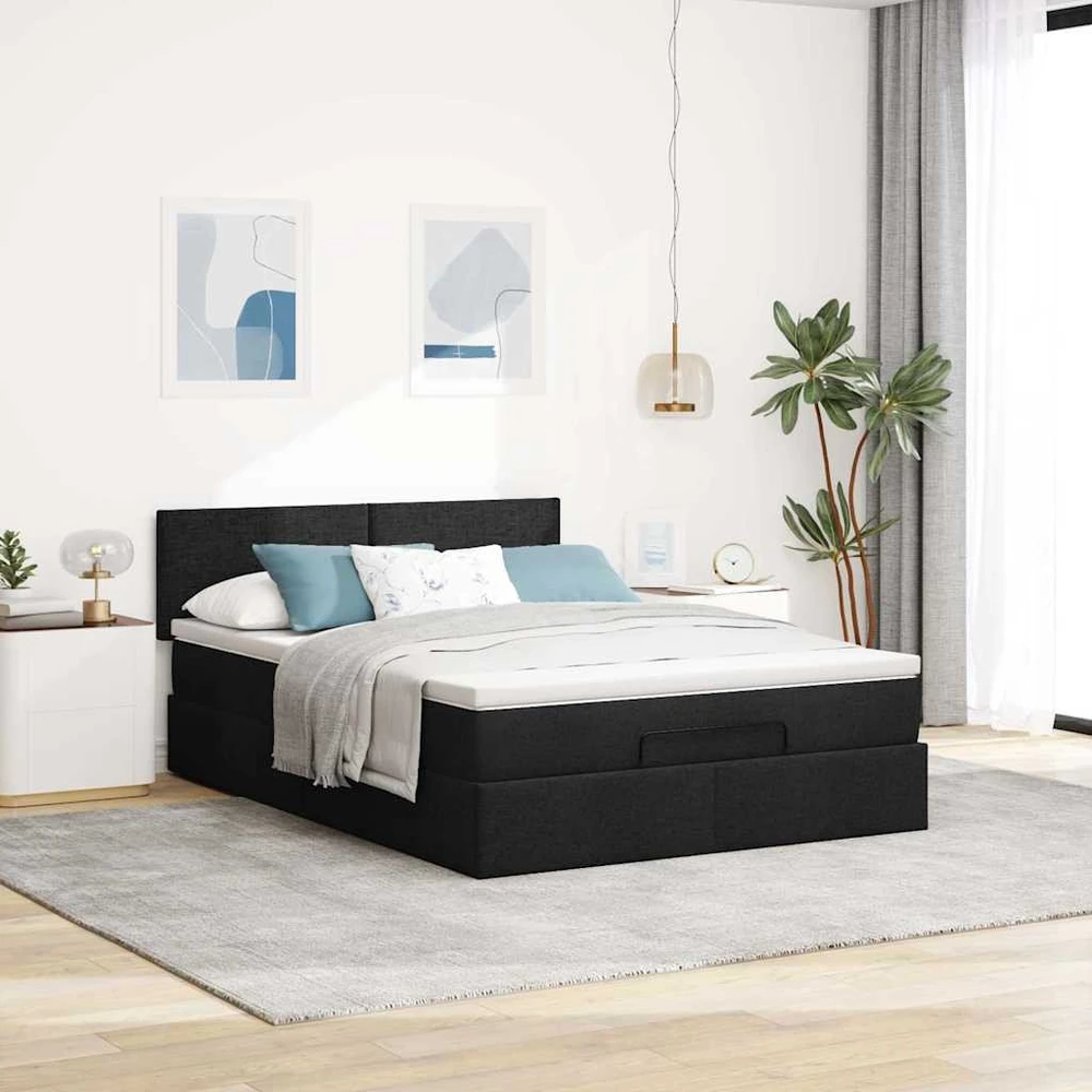 Osmanų lova su čiužiniu ir LED lemputėmis juodas 140x200 cm