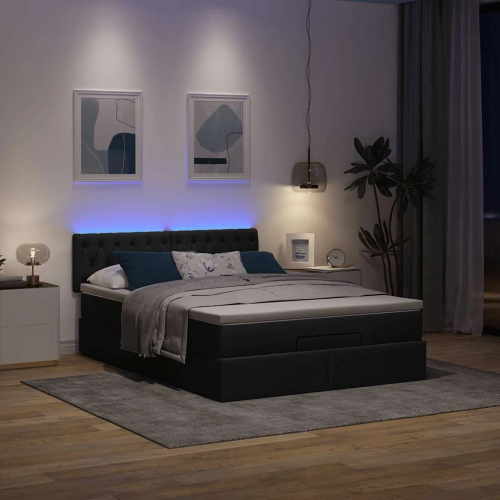 Osmanų lova su čiužiniu ir LED lemputėmis juodas 140x200 cm