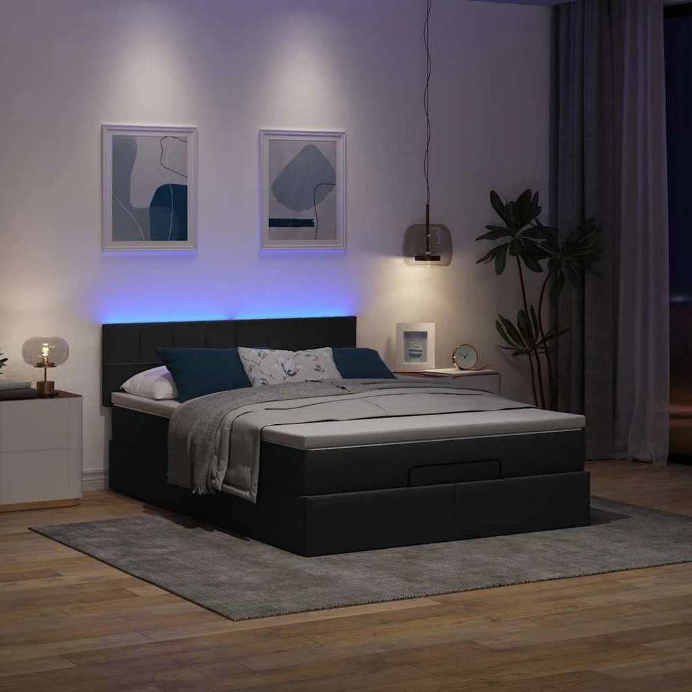 Osmanų lova su čiužiniu ir LED lemputėmis juodas 140x200 cm