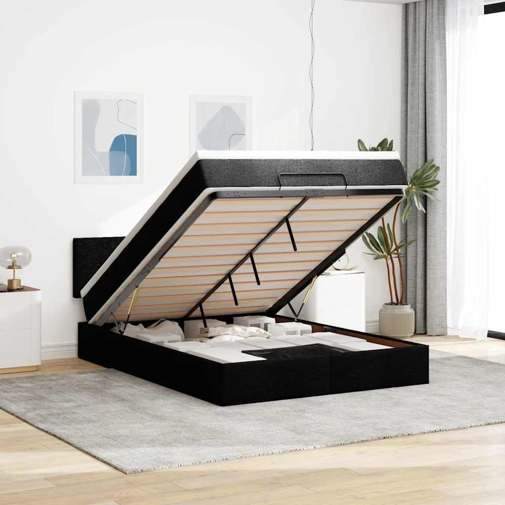 Osmanų lova su čiužiniu ir LED lemputėmis juodas 140x200 cm