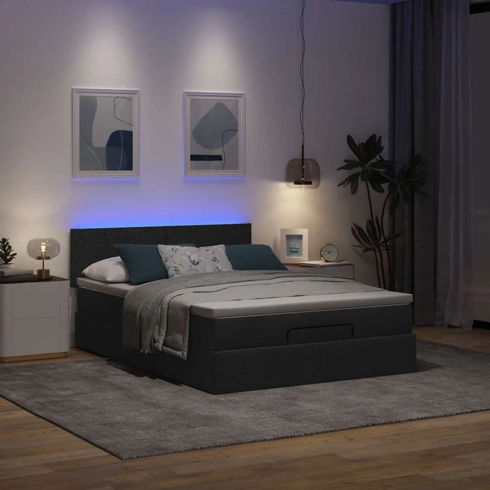 Osmanų lova su čiužiniu ir LED lemputėmis juodas 140x200 cm