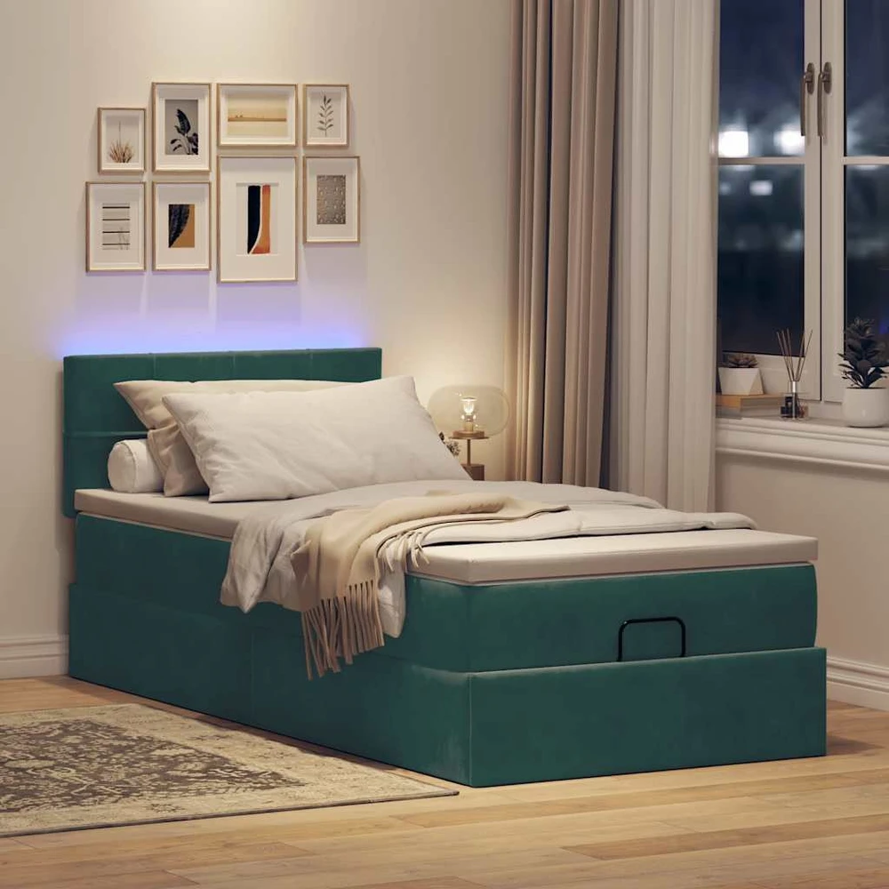 Osmanų lova su čiužiniu ir LED, tamsiai žalias 90x200cm aksomas