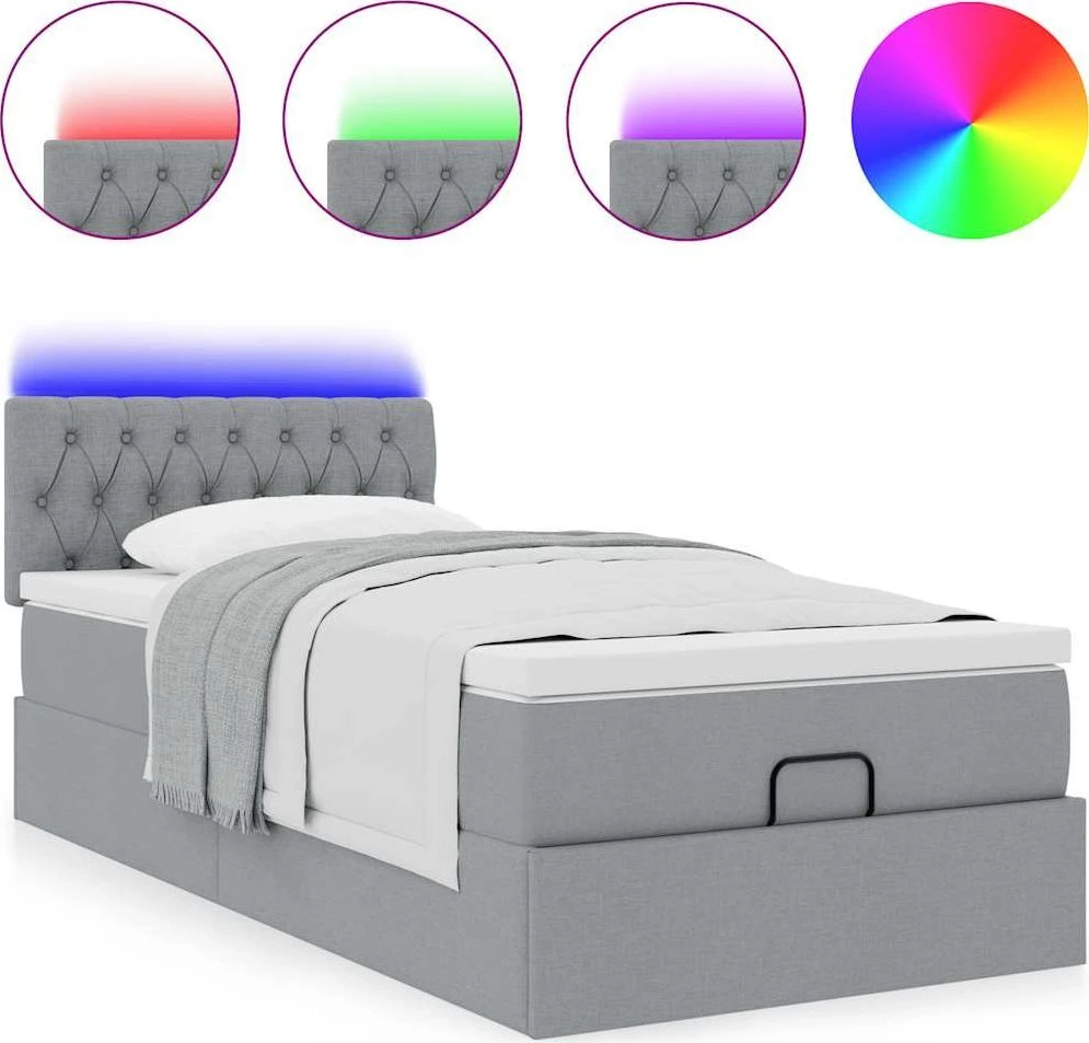 Osmanų lova su čiužiniu ir LED šviesiai pilkas 90x200cm audinys