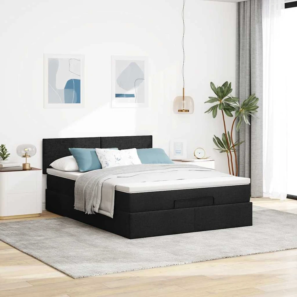 Osmanų lova su čiužiniu ir LED juodas 140x190cm audinys