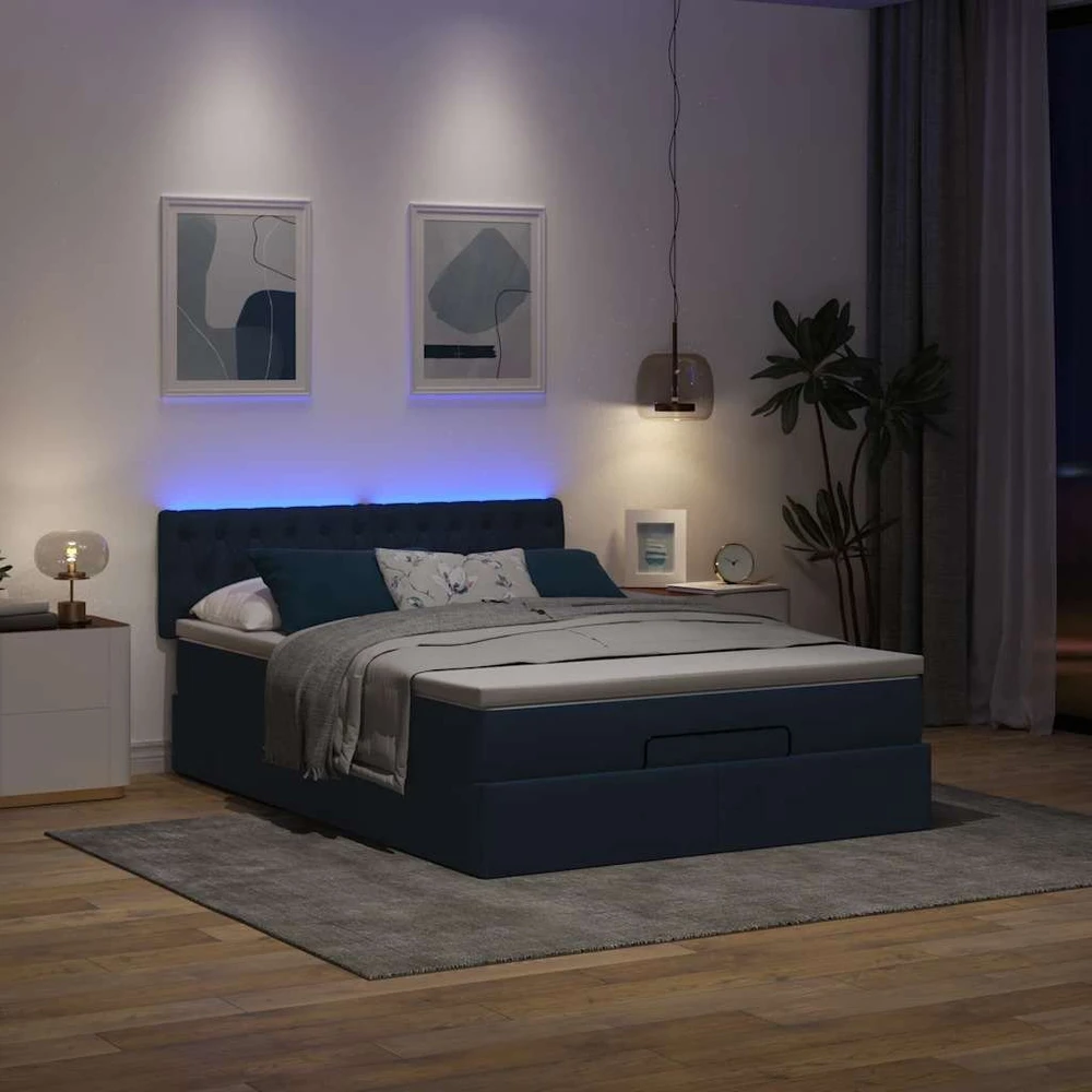 Osmanų lova su čiužiniu ir LED Mėlynas 140x190cm audinys