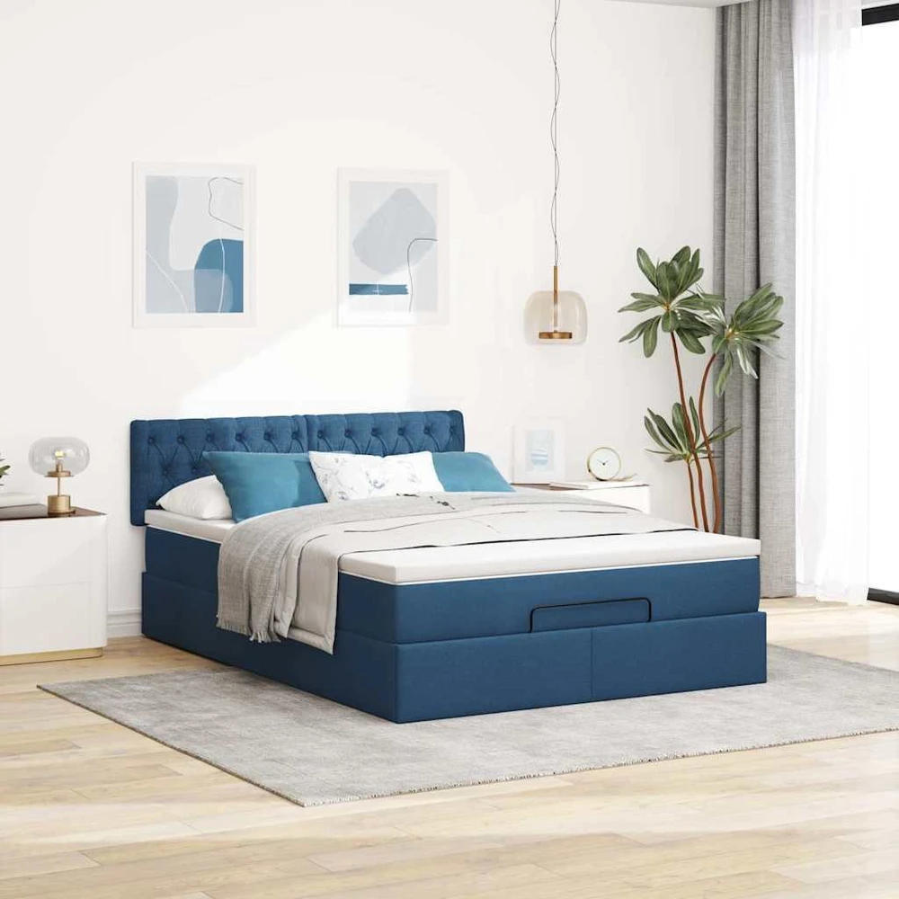 Osmanų lova su čiužiniu ir LED Mėlynas 140x190cm audinys